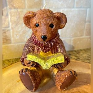 Vintage Wax Candle Brown Teddy Bear in sweater reading a book